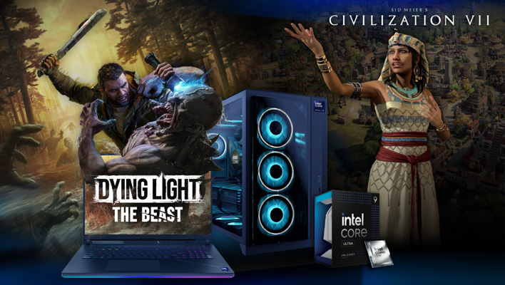 Intel Core Ultra processor and retail box next to a gaming PC. In the background are art for Dying Light: The Beast and Sid Meier's Civilization VII. There's also a gaming laptop.