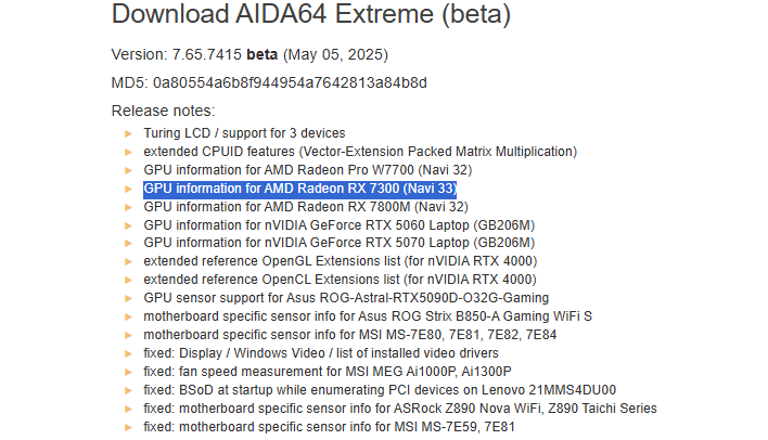 aida64extreme updatenotes radeon rx 7300 highlighted