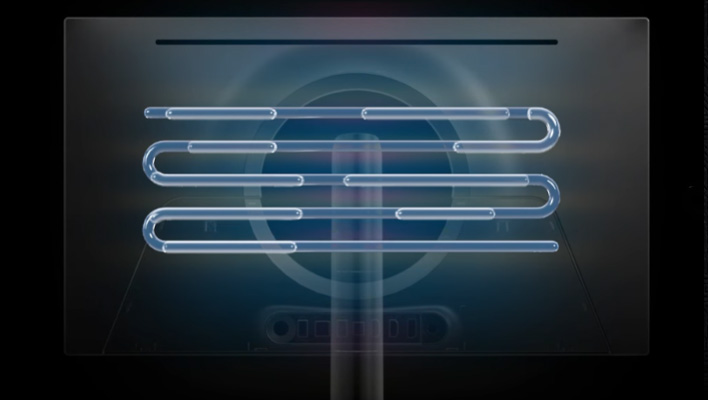 Render of heat pipes on Samsung's Odyssey OLED G6 G60SF gaming monitor on a black background.