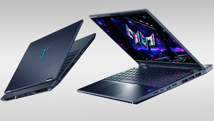 Front and back views of Acer's Predator Helios Neo 14 AI laptop on a gray gradient background.