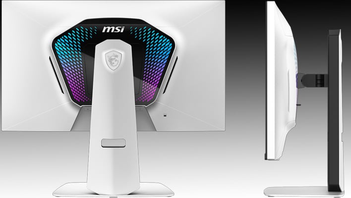 Back and side renders of MSI's MPG 274URDFW E16M gaming monitor on a black and gray gradient background.