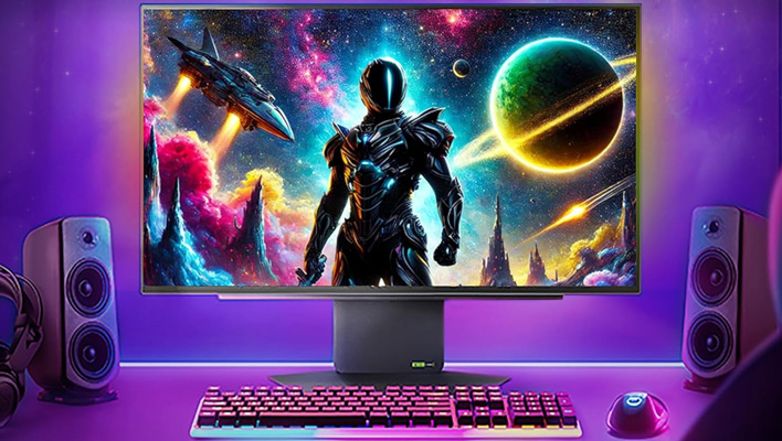 LG OLED monitor on a desk.