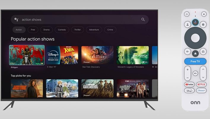 TV next to a remote for Walmart's Onn Google TV 4K Plus device.