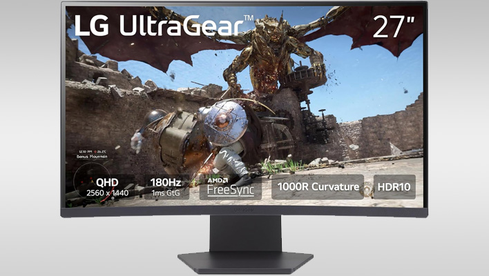 LG Ultragear monitor on a gray gradient background.