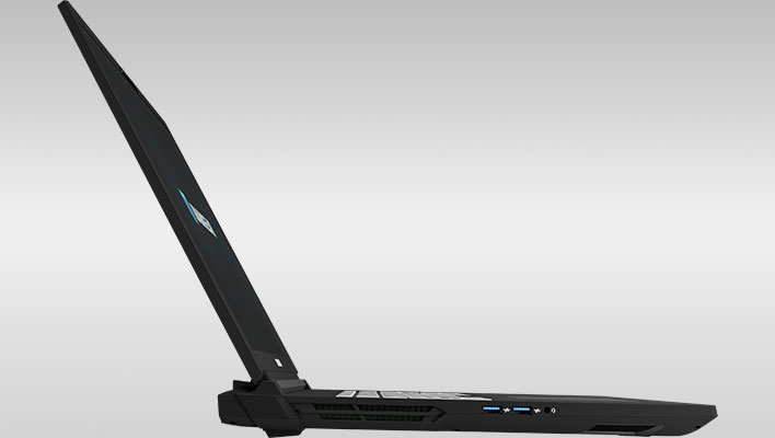 Left side view of Maingear's Ultima 18 gaming laptop on a gray gradient background.