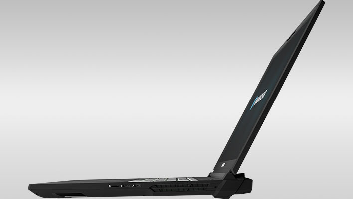 Right side view of Maingear's Ultima 18 gaming laptop on a gray gradient background.