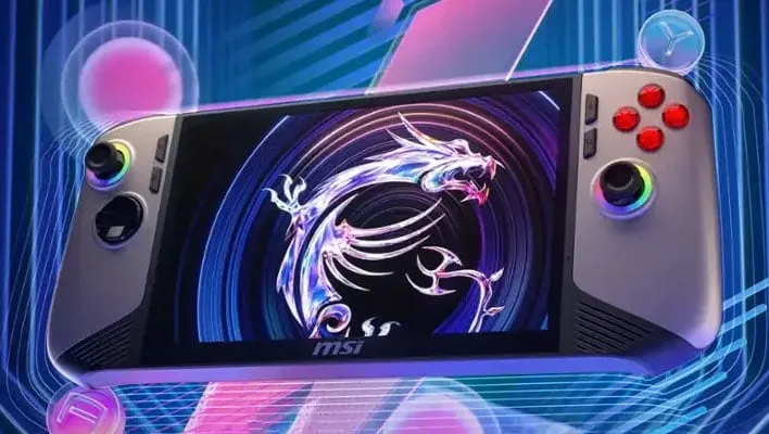 Angled render of MSI's Claw 8 AI+ handheld.