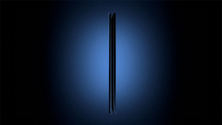 Side silhouette of Samsung's Galaxy Z Fold Ultra on a blue and black background.