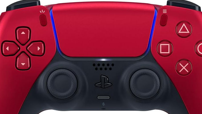 Closeup of Sony's PlayStation DualSense Edge wireless controller in Volcanic Red, on a gray gradient background.