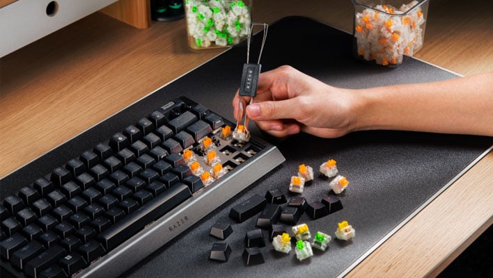 Person removing keys from Razer's BlackWidow V4 75% Barebones keyboard.