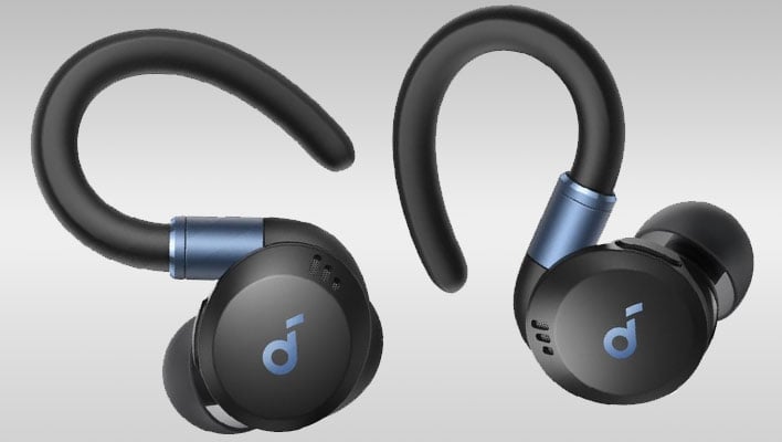 Anker Soundcore Sport X20 earbuds on a gray gradient background.