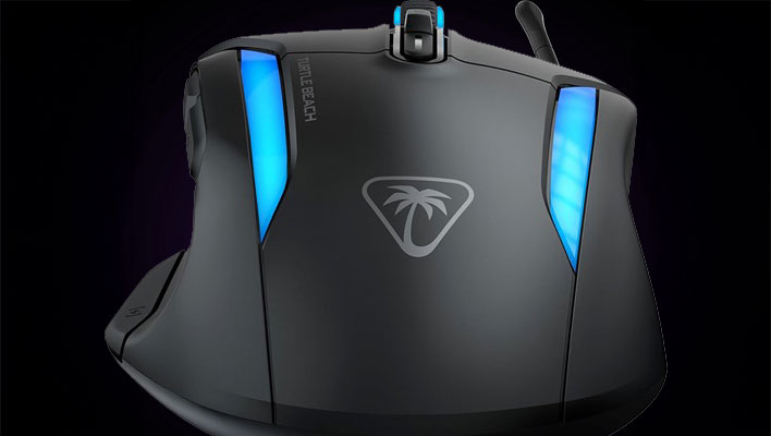 Backside render of Turtle Beach's Kone II Air wireless optical gaming mouse on a dark blue and black background. 