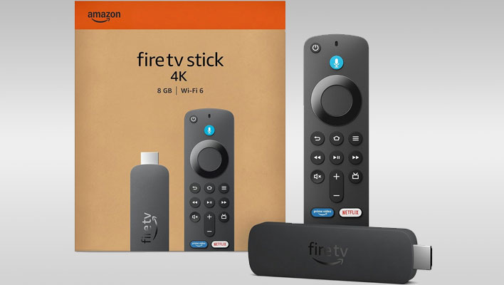 Amazon Fire TV Stick 4K with remote and box on a gray gradient background.