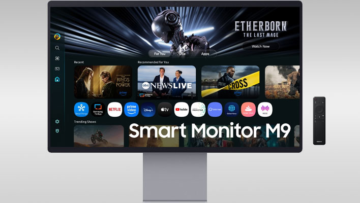 Front view of Samsung's M9 QD-OLED smart monitor with remote on a gray gradient background.