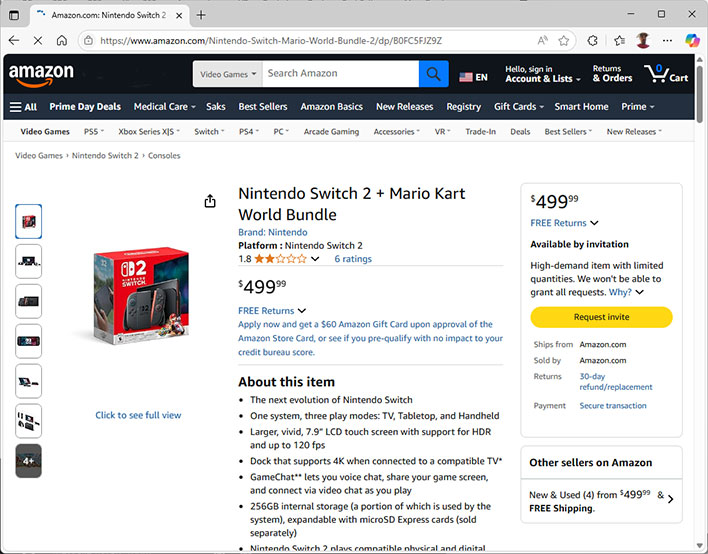 Screenshot of the Nintendo Switch 2 + Mario Kart World bundle listing on Amazon.