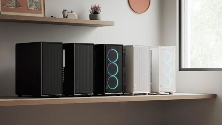 Fractal Design Epoch cases in different trims on a shelf.