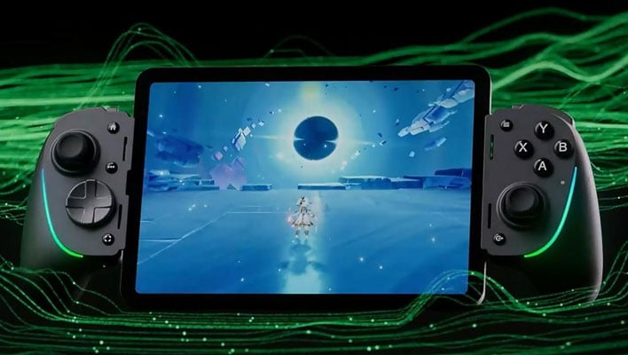 Razer Kishi Ultra gaming controller in front of wavy green lines.