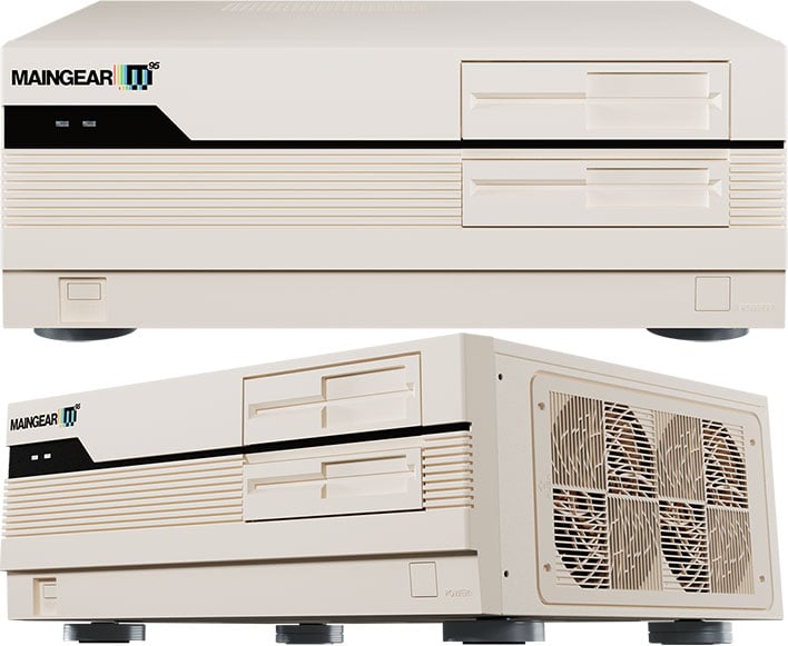 Front and right-angled views of Maingear's Retro95 gaming PC.