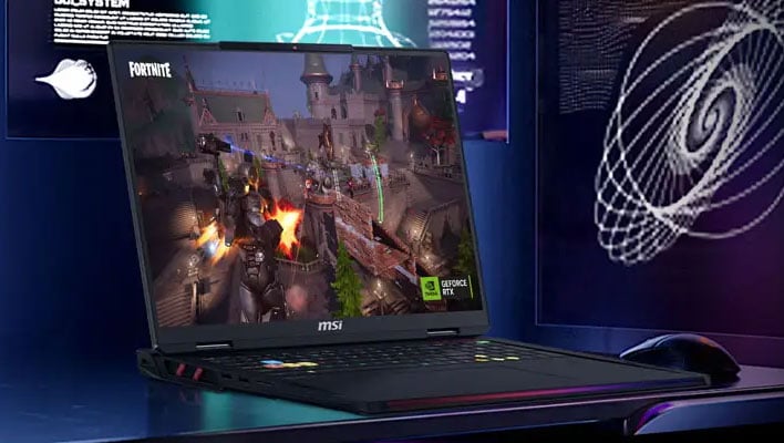 MSI Raider 18 gaming laptop with Fortnite on the display.