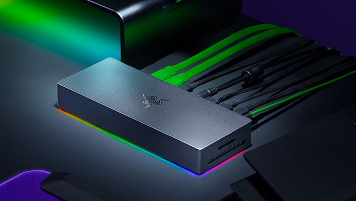 Render of Razer's Thunderbolt 5 Dock on a desktop.