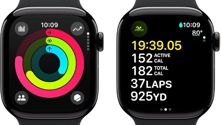 Close up two Apple Watch Series 10 smartwatches (rendering).