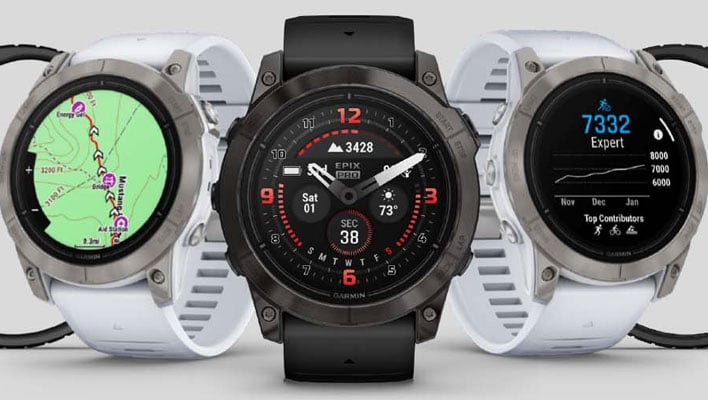 Garmin Epix Pro Smartwatches on a gray background.