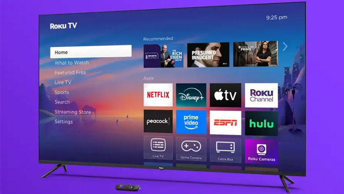 Angled render of a Roku TV on a purple background.