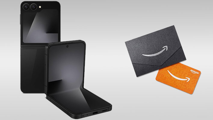 Samsung Galaxy Z Flip7 (folded and unfolded) next to an Amazon gift card on a gray gradient background.