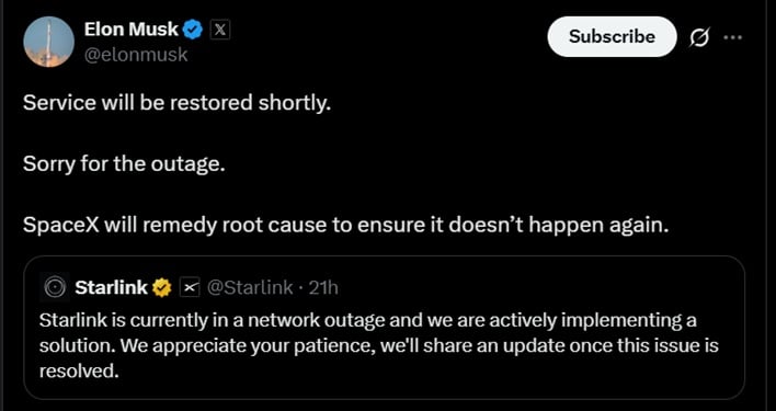 body starlink outage apology musk x twitter