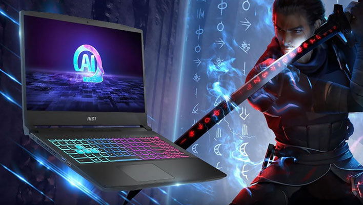 MSI Katana laptop next to a person holding a sword.