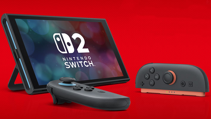 Nintendo Switch 2 with Joy-Cons on a red background.
