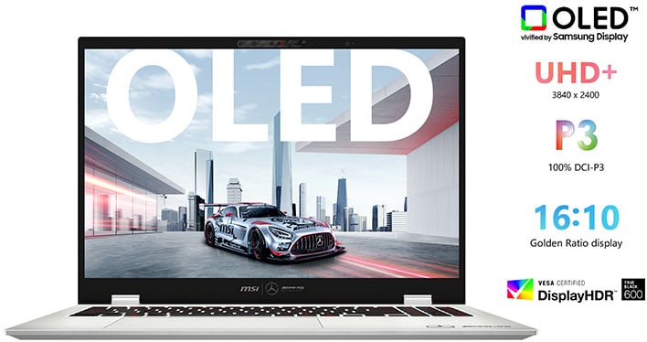 MSI Prestige 16 AI+ Mercedes-AMG Motorsport laptop display banner.