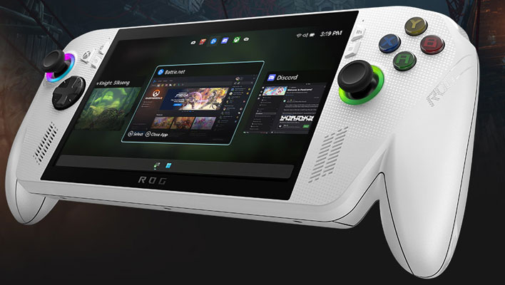 Angled render of the ASUS ROG Xbox Ally handheld.