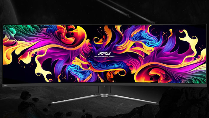 MSI MPG 491CQP QD-OLED monitor on a black background.