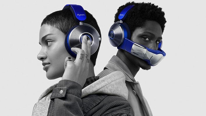 A woman wearing Dyson's Zone headphones and a man wearing the same headset but with the air purifier accessory attached.