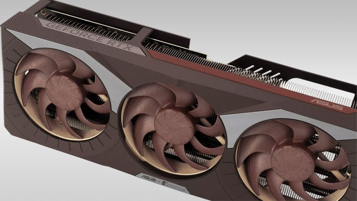 Top-angled view of the ASUS GeForce RTX 5080 Noctua OC Edition on a gray gradient background.