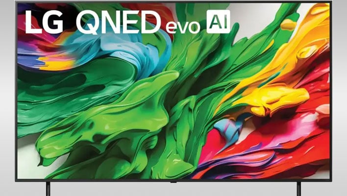 LG QNED Mini LED TV on a gray gradient background.