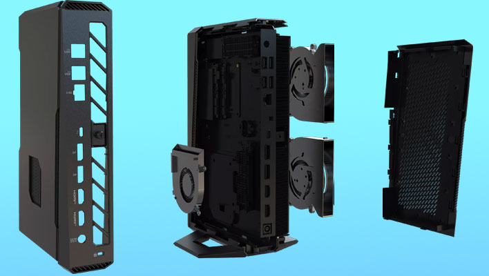 Exploded render of the ASUS NUC 15 Performance on a light blue gradient background.