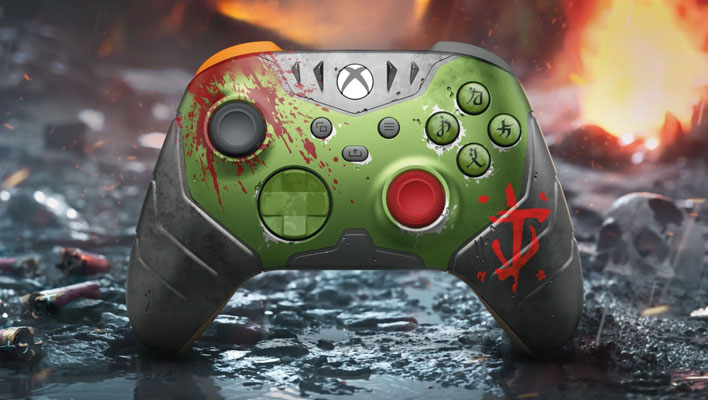 Xbox Wireless Controller Doom: The Dark Ages Limited Edition on a rocky and fiery background.