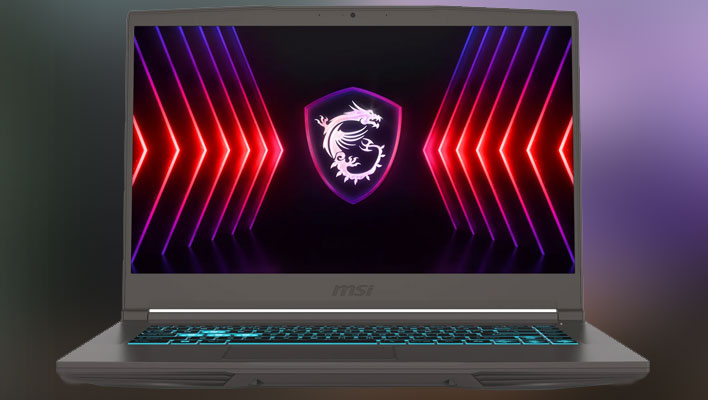 Render of an MSI Thin laptop on a blurred background.