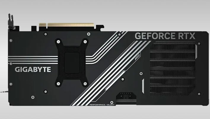 Backplate shot (render) of Gigabyte's GeForce RTX 5070 Ti Windforce SFF, on a gray gradient background.