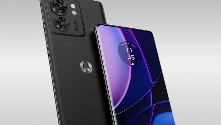 Closeup front and back renders of the Motorola Edge (2023) on a gray gradient background.