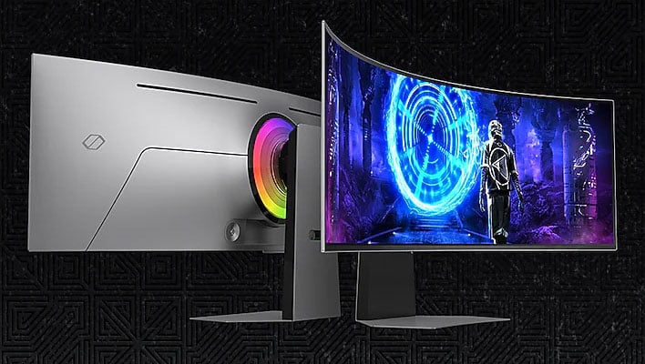 Samsung Odyssey OLED G9 (front and back renders) on a black patterned background.