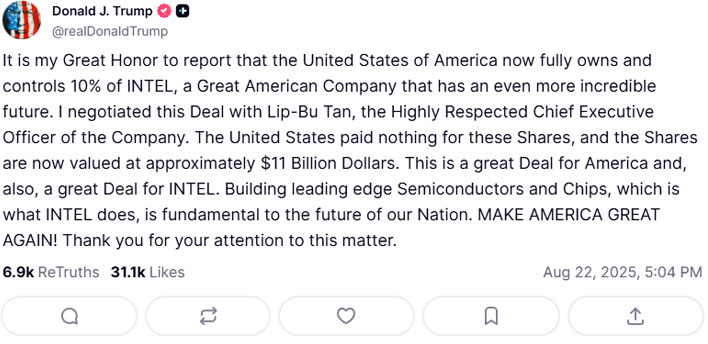 U.S. President Donald Trump's Truth Social post annoucning a deal with Intel.