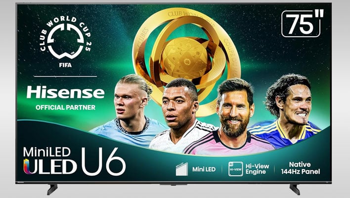 Hisense U6 mini LED TV on a gray gradient background.