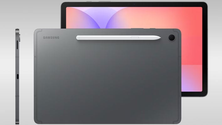 Front and back renders of Samsung's Galaxy Tab S10 Lite on a gray gradient background.