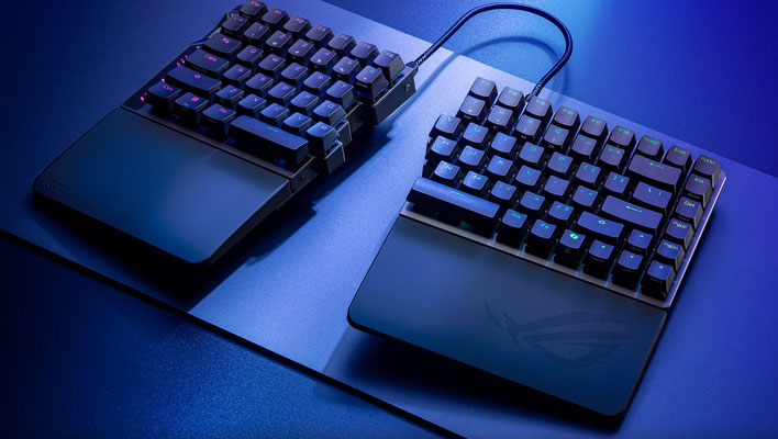 ASUS ROG Falcata split gaming keyboard on a desk.