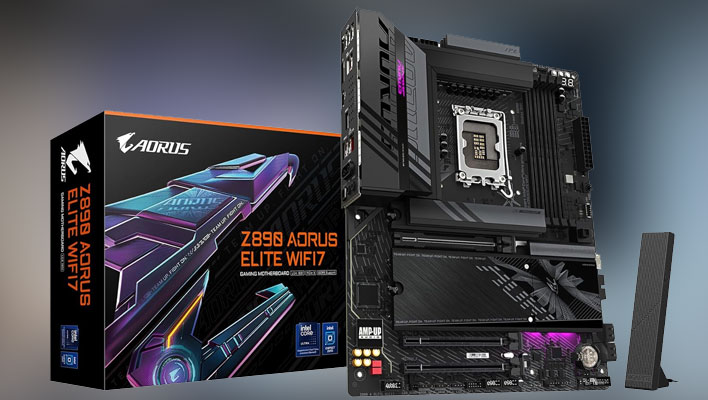 Gigabyte Z890 Aorus Elite WiFi7 motherboard with retail box and Wi-Fi antenna (renders).