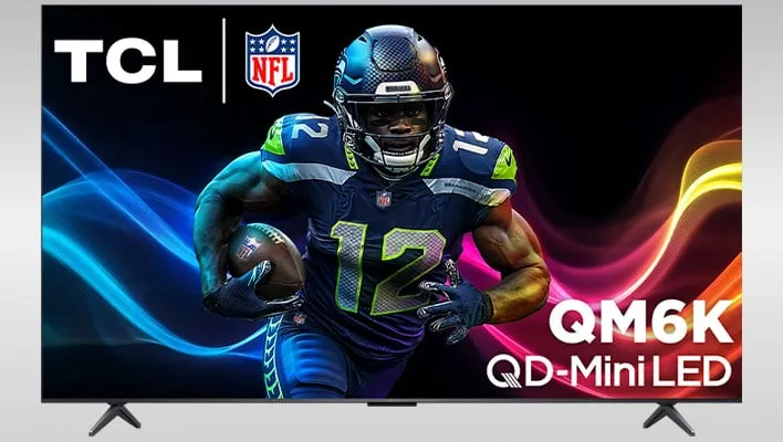 TCL QM6K QD-Mini LED TV on a gray gradient background.