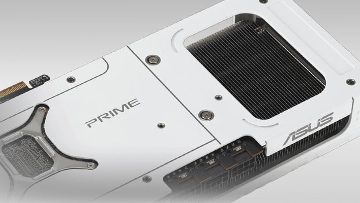 Closeup of the backplate on the ASUS Prime Radeon RX 9070 XT White Edition.